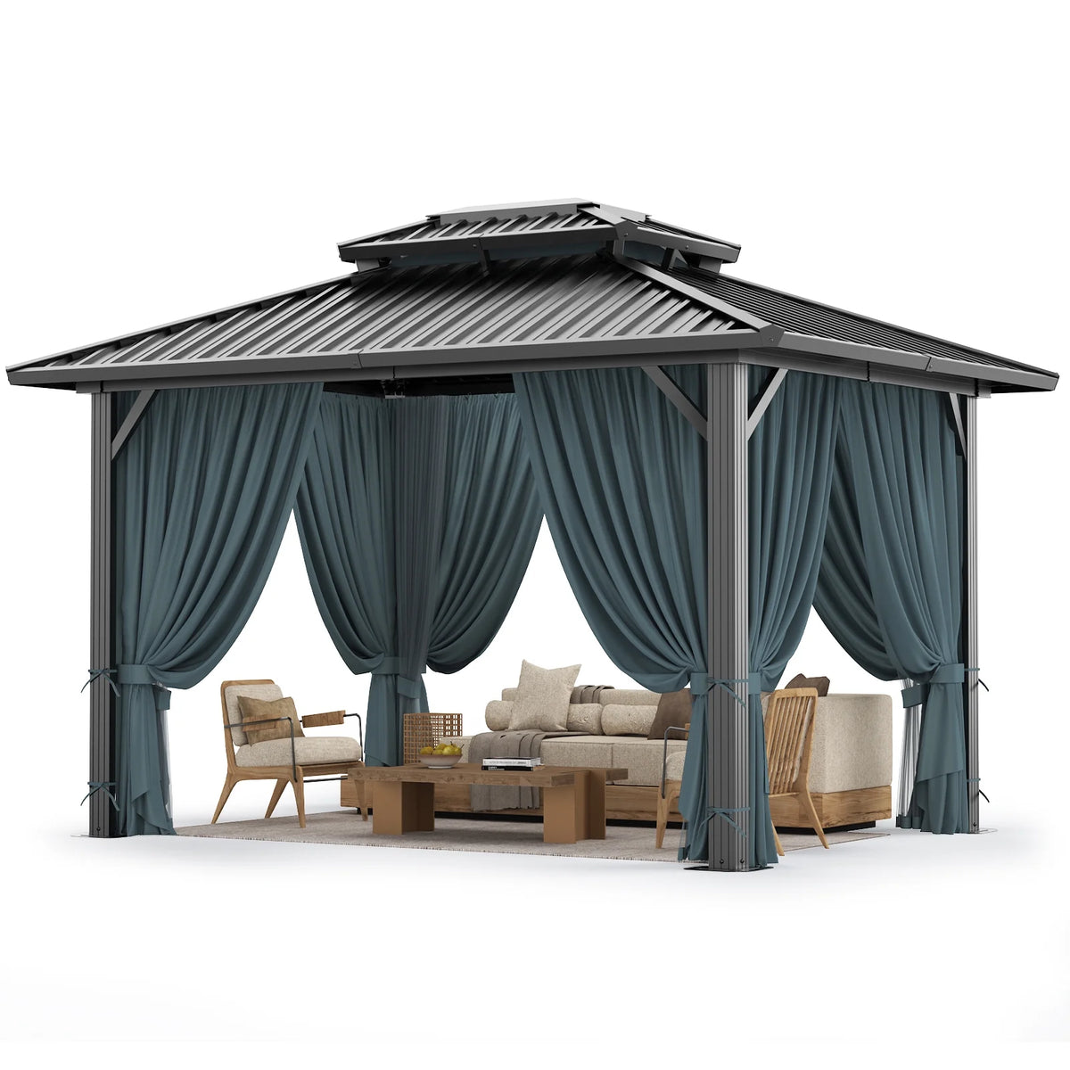 COBIZI 10x12 Hardtop Gazebo Aluminum Metal Gazebos Galvanized Steel Double Roof Permanent Hardtop Gazebo with Netting and Curtains Aluminum Frame Steel Gazebos for Deck, Lawns and Backyard, Brown