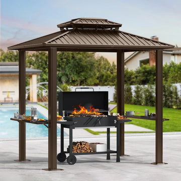 COBIZI 6'x8' Hardtop Grill Gazebo for Patio Double Galvanized Steel Roof with 2 Side Shelves Outside Sun Shade Outdoor BBQ Gazebo Canopy, Black