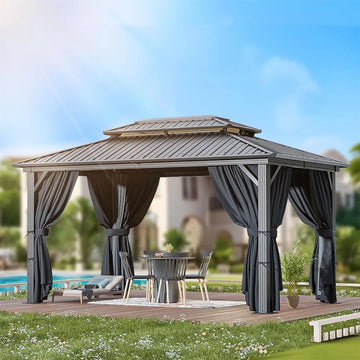 COBIZI 10x12 Hardtop Gazebo with Heavy Duty Galvanized Steel Double Roof, Flame-Resistant Curtains and Netting, Outdoor Gazebo with Aluminum Frame Permanent Gazebo for Backyard, Patio and Lawn,Black