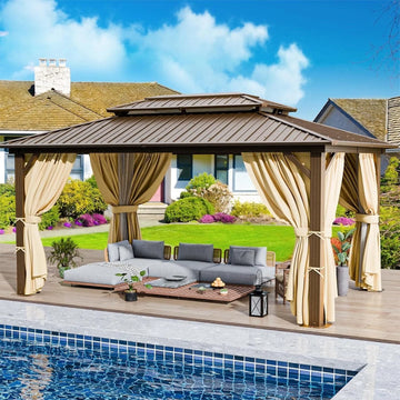 COBIZI 10x12ft Hardtop Gazebo Galvanized Steel Double Roof Permanent Hardtop Gazebo Aluminum Metal Gazebos with Netting and Curtains Aluminum Frame Steel Gazebos for Deck, Lawns and Backyard, Brown