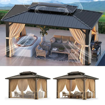 COBIZI 10x12ft Hardtop Gazebo Galvanized Steel Double Roof Permanent Hardtop Gazebo Aluminum Metal Gazebos with Netting and Curtains Aluminum Frame Steel Gazebos for Deck, Lawns and