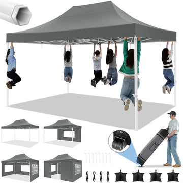 COBIZI 10x15 Canopy Tent Heavy Duty Pop Up Canopy Tent for Parties Event Wedding Commercial Easy Up Canopy with Roller Bag,UV 50+ & Upgraded No Water Accumulation, Thick Hexagonal Legs,Gray