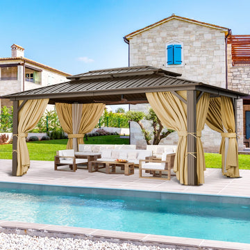 COBIZI 10x15 Hardtop Gazebo Aluminum Gazebos with Galvanized Steel Double Roof Metal Gazebo with Curtains and Netting Permanent Hardtop Gazebos Steel Gazebo for Backyard, Garden and Patio, Brown