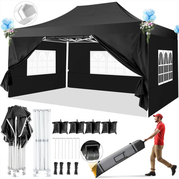 COBIZI 10x15 Pop up Canopy Tent Heavy Duty with 4 Sidewalls Tents for Parties Outdoor Canopy Event Tent Wedding with Roller Bag,Upgraded UV 50+ , Thick Hexagonal Legs, black