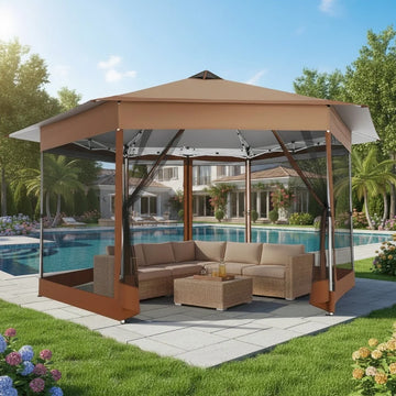 COBIZI 16' x 16' Pop-Up Gazebo Canopy Tent with Netting, Adjustable Height Outdoor Patio Shelter with Vented Top, 256 Sq. Ft. Shade for Backyard, Garden, Party, Brown
