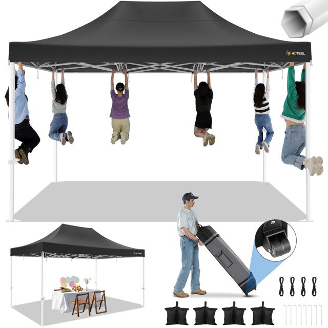 COBIZI 10x15 Pop Up Canopy Tent, 10 x 15 Heavy Duty Ez Up Canopy, Commercial Instant Party Tent with Roller Bag & Sand Bags, Waterproof & UPF 50+,Black(Frame Thickened & Windproof)