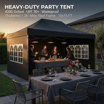 COBIZI 10x15 ft Heavy Duty Pop Up Canopy Tent with 4 Sidewalls Waterproof Outdoor Shelter Black