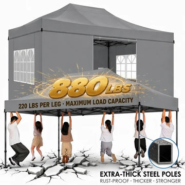 COBIZI 10x15FT Heavy Duty Pop Up Canopy Tent with 4 Sidewalls, Waterproof & Windproof, Easy Setup Outdoor Shelter for Weddings, Parties & BBQ, Includes Stakes, Sandbags, Ropes & Carry Bag, Gray
