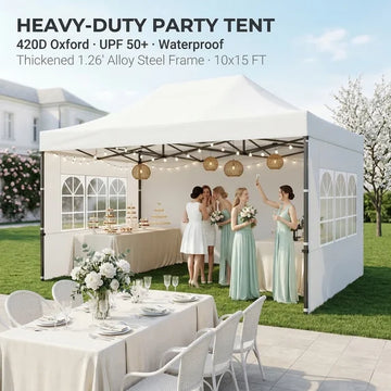 COBIZI 10x15 ft Heavy Duty Pop Up Canopy Tent with 4 Sidewalls Waterproof Outdoor Shelter White