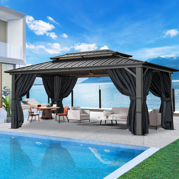 COBIZI 10x15ft Hardtop Gazebo, Polycarbonate Double Roof Aluminum Gazebo, Outdoor Waterproof Canopy Gazebo with Netting and Curtains for Backyard, Deck, Patio,Black