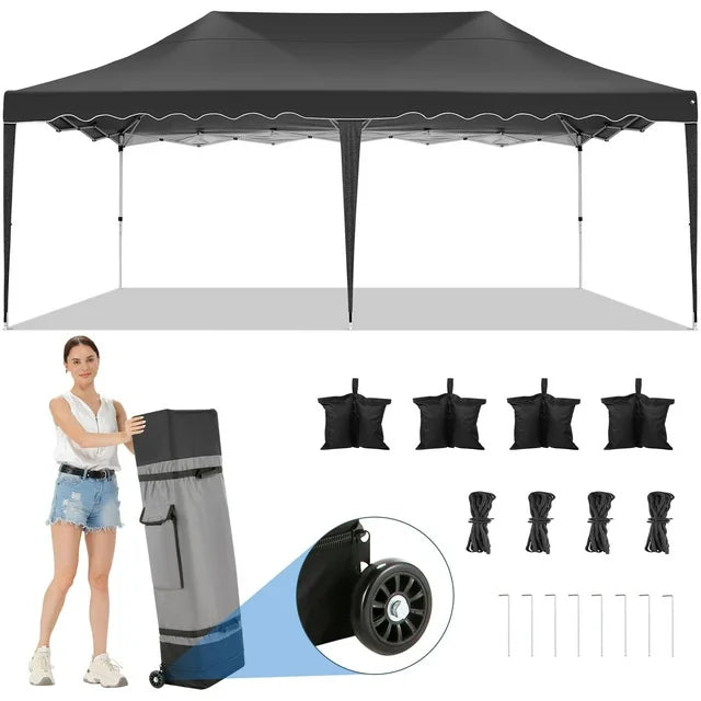 COBIZI 10x20 Canopy Tent Pop Up Canopy, Outdoor Shade Tent with Wheeled Bag & Curled Edge Fully Waterproof, Portable Event Tents for Parties, Wedding, Backyard, Camping,black