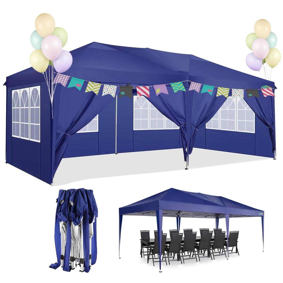 COBIZI 10x20 EZ Pop Up Canopy Tent Party Tent Outdoor Event Protable Instant Shelter Tent Gazebo with 6 Removable Sidewalls and Carry Bag,Dark Blue
