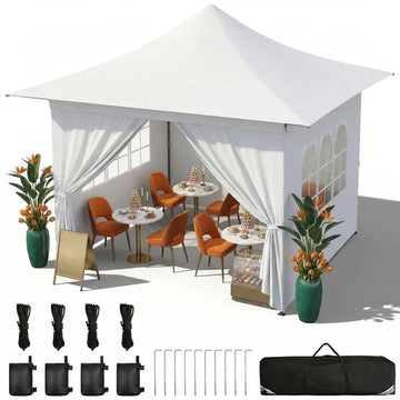 COBIZI 13x13FT Heavy Duty Pop Up Canopy with 4 Sidewalls & 4 Sandbags, Commercial Grade Waterproof Party Tent, Height Adjustable Outdoor Shelter, White