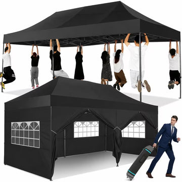 COBIZI 10x20 FT Heavy Duty Pop Up Canopy Tent, Reinforced Frame Holds 220 LBS Per Leg, 6 Removable Sidewalls, Waterproof and Windproof for Backyard, Trade Show, Wedding and Outdoor Party, Black