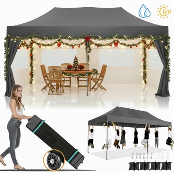 Sanopy 10x20 Heavy Duty Pop up Canopy Tent with 6 sidewalls Easy Up Commercial Outdoor Canopy Wedding Party Tent for Beach All Season Wind & Waterproof Gazebo with Roller Bag,Black(Frame Thickened)