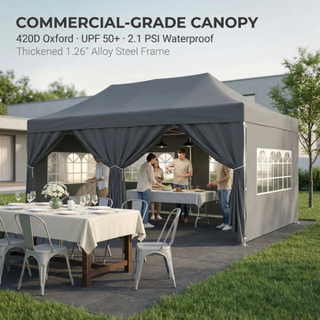 COBIZI 10x20 Pop up Canopy Tent with 6 Sidewalls, Heavy Duty Waterproof Wedding Party Tent with Roller Bag, Gray