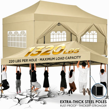 COBIZI 10x20FT Heavy Duty Pop Up Canopy Tent with 6 Removable Sidewalls & Thickened Frame, All-Season Wind & Waterproof Outdoor Canopy for Weddings, Parties & Commercial Events, Roller Bag, Khaki