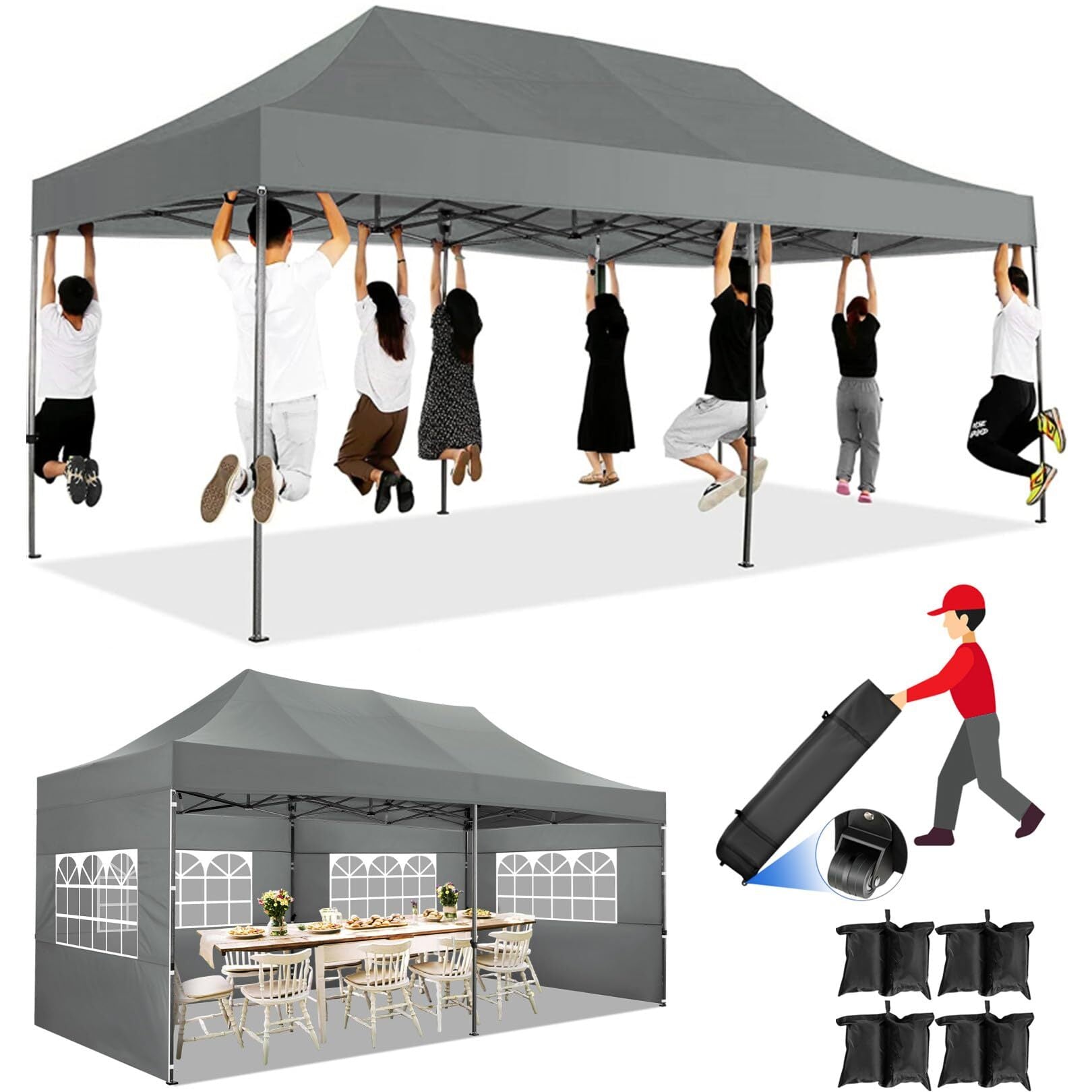 COBIZI 10x20 Heavy Duty Pop up Canopy Tent with 6 sidewalls Easy Up Commercial Outdoor Canopy Wedding Party Tents for Parties All Season Wind & Waterproof Gazebo with Roller Bag