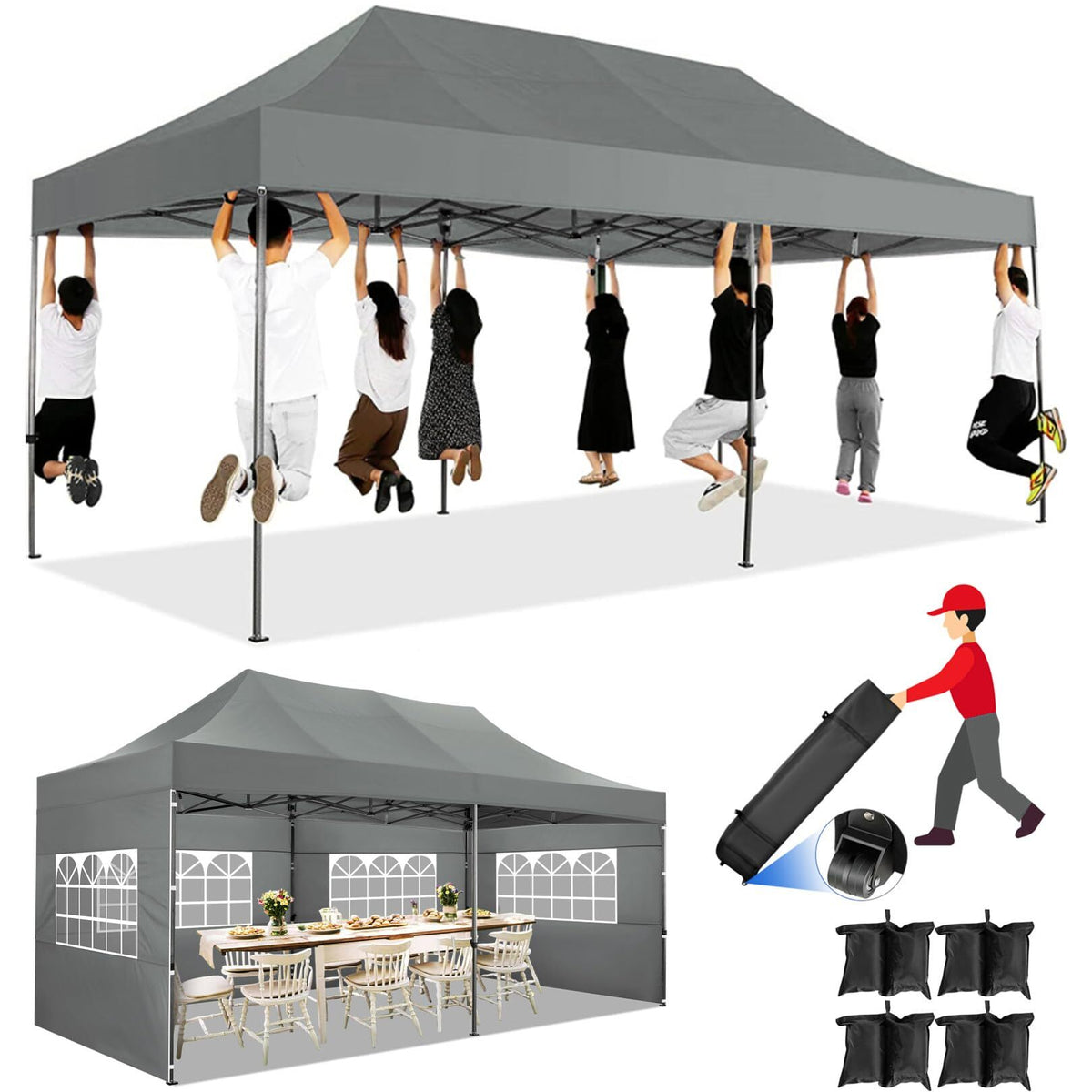 COBIZI 10x20 Heavy Duty Pop up Canopy Tent with 6 sidewalls Easy Up Commercial Outdoor Canopy,Gray