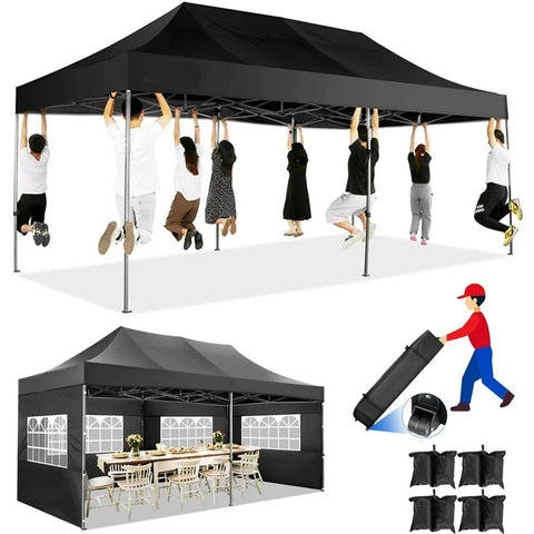 COBIZI 10x20 Heavy Duty Pop up Canopy Tent with 6 sidewalls Easy Up Commercial Outdoor Canopy Wedding Party Tents for Parties All Season Wind & Waterproof Gazebo with Roller Bag,Black(Frame Thickened)