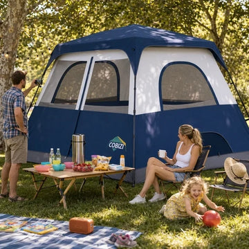 COBIZI 4-6-8 Person 10x9FT Waterproof 210D Oxford Family Camping Tent with Instant Pop-up Setup, Mesh Screen, Wind Ropes and Stakes, Dark Blue