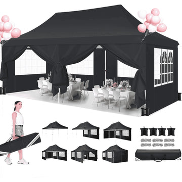COBIZI 10x20 Pop up Canopy with 6 Removable Sidewalls,Outdoor Waterproof Canopy Tents for Partie Wedding,Instant Sun Protection Shelter with Upgrade Raised Roof and Carry Bag,Black