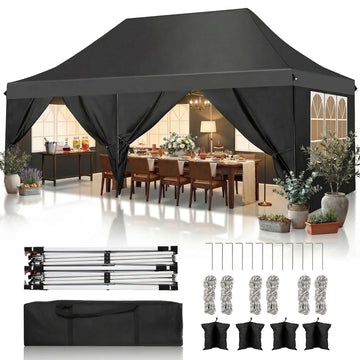 COBIZI 10x20 Pop up Canopy with 6 Removable Sidewalls,Outdoor Waterproof Canopy Tents for Partie Wedding,Instant Sun Protection Shelter with Upgrade Raised Roof and Carry Bag,Black