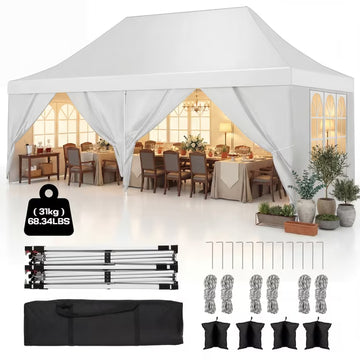 COBIZI 10x20 ft Pop Up Canopy Tent with 6 Removable Sidewalls, Waterproof UPF 50+, Raised Roof, Easy Setup for Outdoor Party and Wedding, White