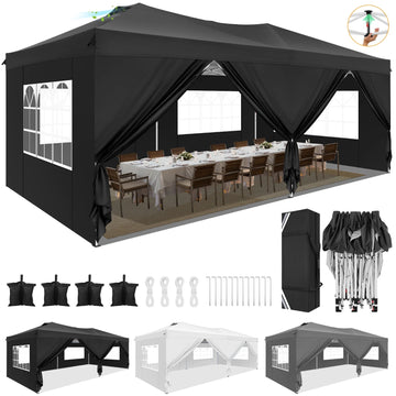 COBIZI 10x20 Pop up Canopy with Sidewalls,Easy up Canopy 10x20 Gazebo Waterproof Instant Shelter for Wedding Outdoor Party Camping with Air Vent&Carry Bag,Black