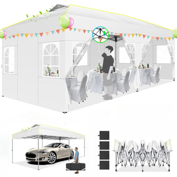 COBIZI 10x20 Pop up Canopy Tent Ez up Canopy Instant Portable Waterproof Party Tent Outdoor Canopy for Party Garden Camping Outside with Sidewalls,Air Vent,Reflective Strip,4 Sandbags,White