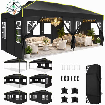 COBIZI 10x20 FT Pop Up Canopy for Patio, Waterproof Outdoor Tent with Mesh-Screened Vents & 6 Sidewalls, One-Push Setup, UPF 50+, 3-Level Height Adjustable, Carry Bag, Sandbags, Stakes & Ropes, Black
