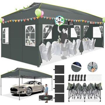 COBIZI 10x20 Pop up Canopy Tent Ez up Canopy Instant Portable Waterproof Party Tent Outdoor Canopy for Party Garden Camping Outside with Sidewalls,Air Vent,Reflective Strip,4 Sandbags,Gray