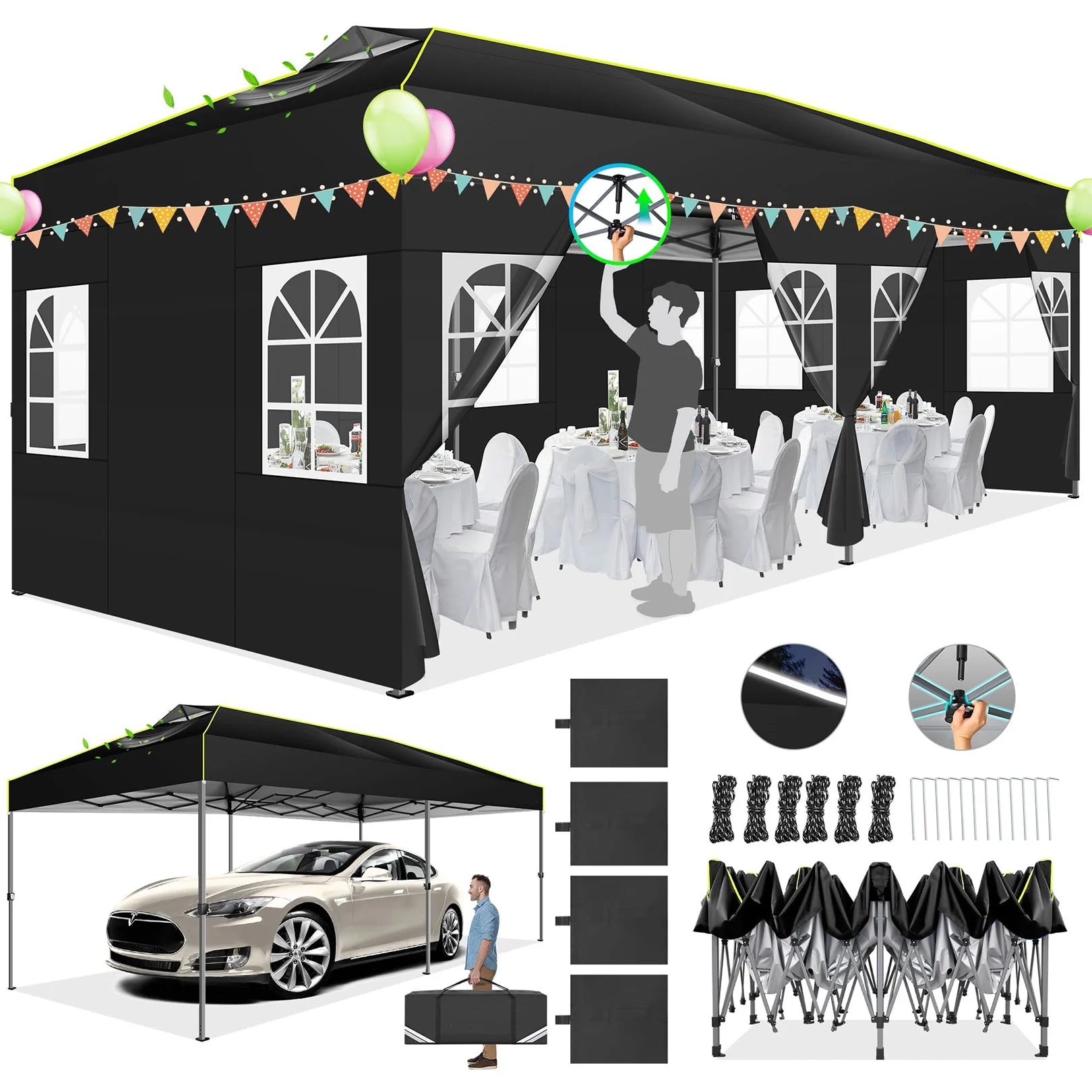 COBIZI 10x20 Pop up Canopy Tent Ez up Canopy Instant Portable Waterproof Party Tent Outdoor Canopy for Party Garden Camping Outside with Sidewalls,Air Vent,Reflective Strip,4 Sandbags,Black