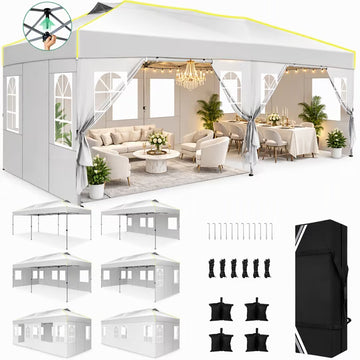 COBIZI 10x20 FT Pop Up Canopy for Patio, Waterproof Outdoor Tent with Mesh-Screened Vents & 6 Sidewalls, One-Push Setup, UPF 50+, 3-Level Height Adjustable, Carry Bag, Sandbags, Stakes & Ropes, White