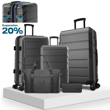 COBIZI 5 Piece Luggage Set Expandable ABS+PC Hardshell Carry on Suitcase with Spinner Wheels & TSA Lock for Men and Women, Rolling Suit Case for Plane, Travel, Business, Black (20/24/28/DB/TB)