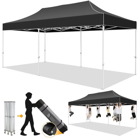 COBIZI 10x20 Pop up Canopy Tents for Parties, 10 x 20 Heavy Duty Commercial Instant Event Party Tent Easy up Gazebo with Roller Bag & Sand Bags, Frame Thickened & Waterproof,Black