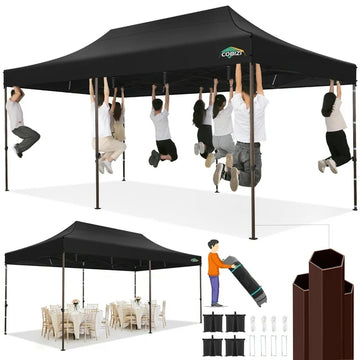 COBIZI 10x20 Pop up Canopy Without Sidewall Heavy Duty Commercial Outdoor Canopy Ez Up Wedding Party Tents for Parties with Roller Bag, Wind & Waterproof UPF50+,Upgrade Hexagonal Tube,black