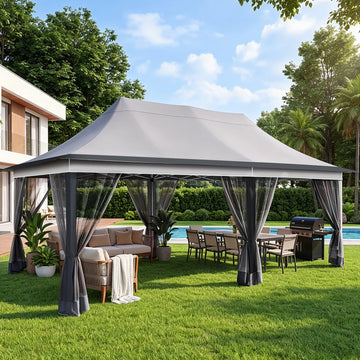 COBIZI 10x20 Pop up Gazebo Tent, Canopy Tents for Parties, 3 Adjustable Height Settings, 240 Sq. Ft. Large Outdoor Pop Up Patio Gazebos, Shelter with Net for Backyard, Lawn, Deck, Dark Gray