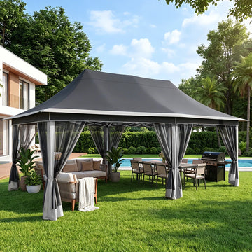 COBIZI 10x20 Pop up Gazebo Tent, Canopy Tents for Parties, 3 Adjustable Height Settings, 240 Sq. Ft. Large Outdoor Pop Up Patio Gazebos, Shelter with Net for Backyard, Lawn, Deck, Dark Gray