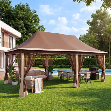 COBIZI 10x20 Pop up Gazebo Tent, Canopy Tents for Parties, 3 Adjustable Height Settings, 240 Sq. Ft. Large Outdoor Pop Up Patio Gazebos, Shelter with Net for Backyard, Lawn, Deck, Brown