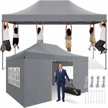 COBIZI 10x15 Pop Up Canopy with 4 Sidewalls, Heavy Duty Waterproof Commercial Canopy Tent for Outdoor Parties & Garden Events, Carry Bag Included, Gray