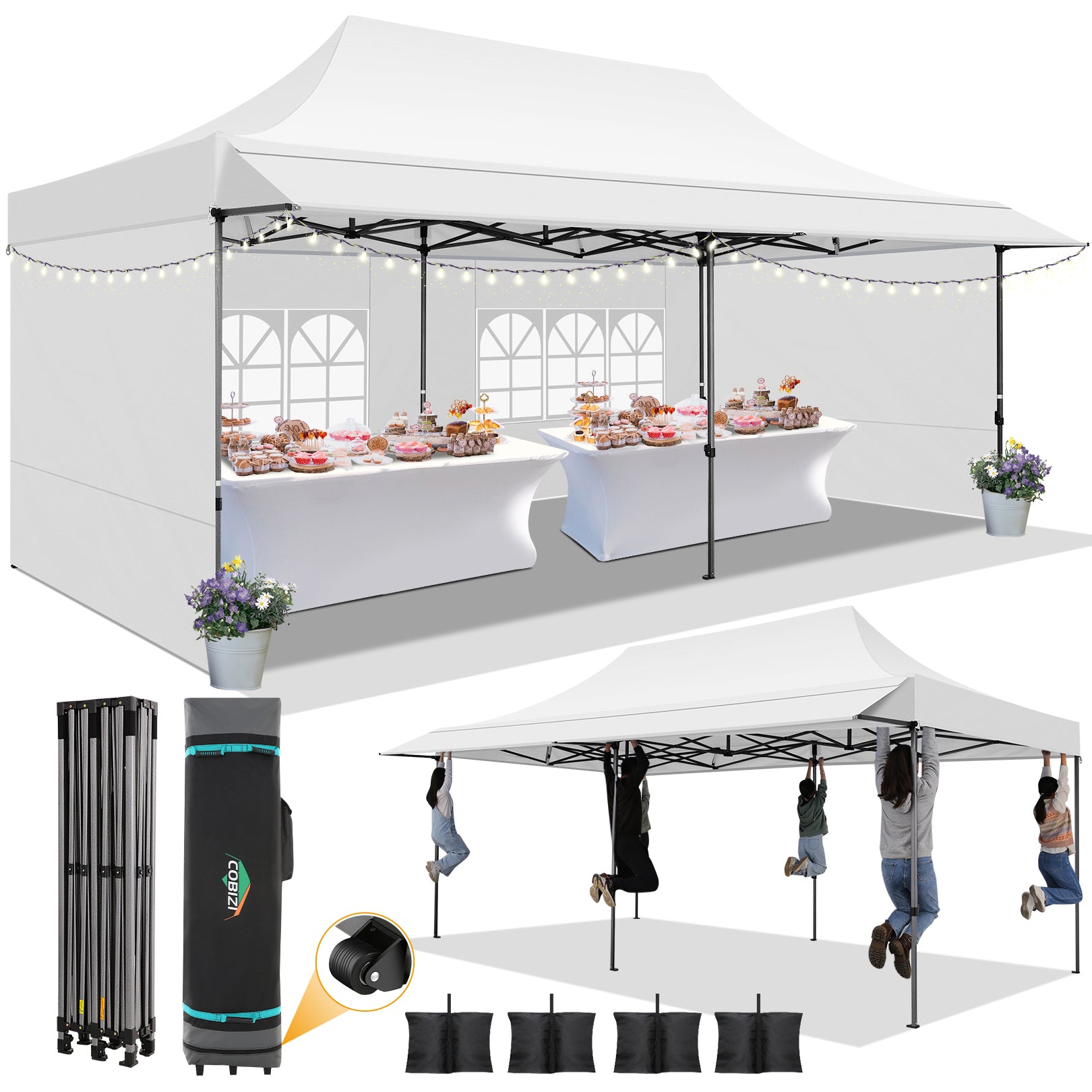 COBIZI 10x20 Pop Up Canopy Heavy Duty Party Tent with Removable Awning and Sidewalls,Easy Up Outdoor Wedding Canopy,Gazebo All Season Windproof&Waterproof with Roller Bag UPF 50+,White