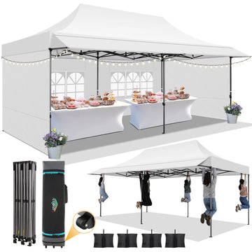 COBIZI 10x20 Pop Up Canopy Heavy Duty Party Tent with Removable Awning and Sidewalls,Easy Up Outdoor Wedding Canopy,Gazebo All Season Windproof&Waterproof with Roller Bag UPF 50+,White