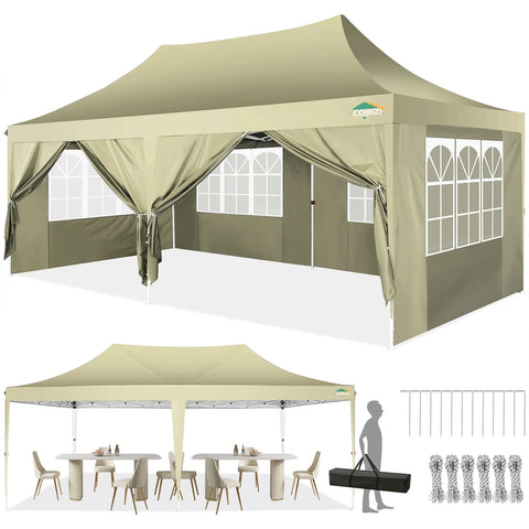 COBIZI 10x20 Pop Up Canopy Tent with 6 Sidewalls,Upgrade Structure Wind & Waterproof Easy up UV Blocking with Carry Bag,3 Adjustable Heights,Wedding Party Tent Outdoor Commercial Party Tent,khaki