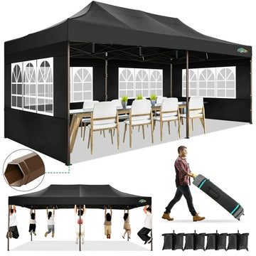 COBIZI 10x20 Pop Up Canopy Tent Heavy Duty with 6 Removable Sidewalls,Commercial Heavy Duty Pop Up Tent for Parties All Weather Waterproof and UV 50+ Wedding Tent with Roller Bag(Black)