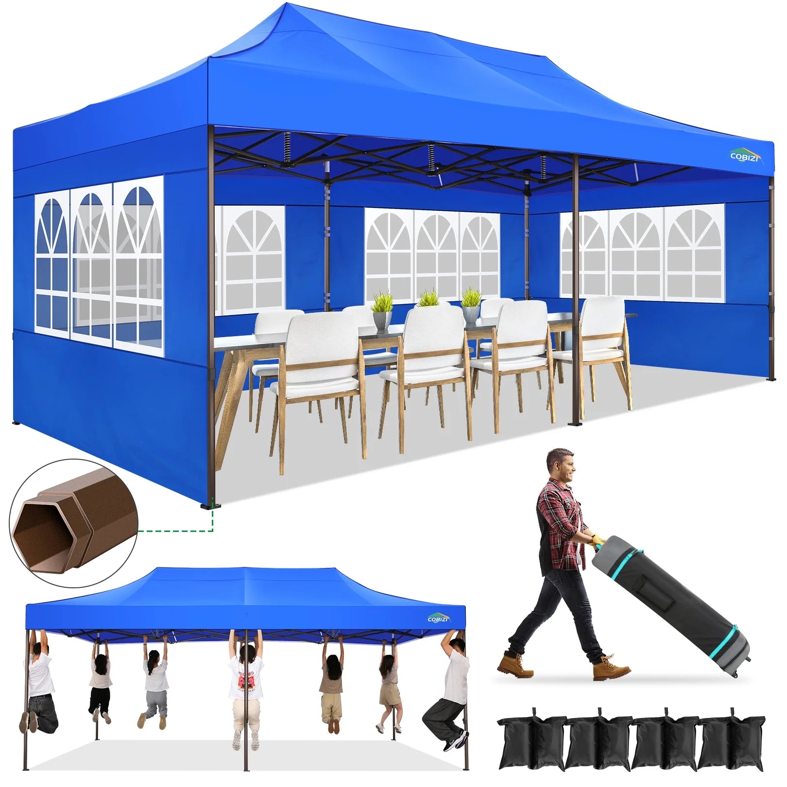 COBIZI 10x20 Pop Up Canopy Tent Heavy Duty with 6 Removable Sidewalls,Commercial Heavy Duty Pop Up Tent for Parties All Weather Waterproof and UV 50+ Wedding Tent with Roller Bag(Blue)
