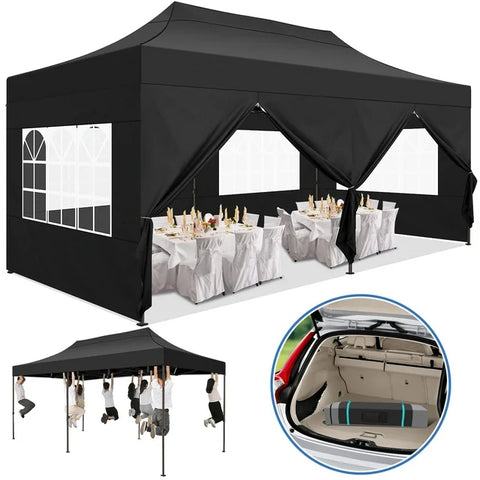 COBIZI 10x20 Pop Up Canopy Tent Heavy Duty with 6 Removable Sidewalls,Commercial Pop Up Tent for Parties All Weather Waterproof Wedding Tent with Roller Bag(Black)