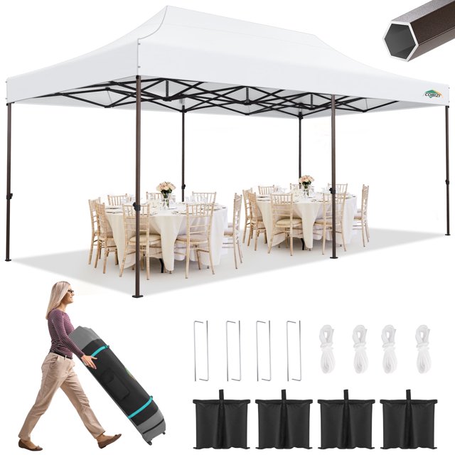 COBIZI 10x20 Pop Up Heavy Duty Canopy Tent with 4 Sandbags, Commercial Pop Up Tent for Parties All Weather Waterproof and UV 50+ Wedding Tent with Roller Bag, Outdoor Gazebo for Patio,white