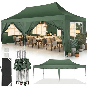 COBIZI 10x20 Pop Up Canopy Tent with 6 Removable Sidewalls, Instant Outdoor Shelter with Raised Roof, Heavy-Duty Stable Frame and Carry Bag, Green