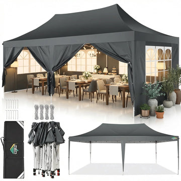 COBIZI 10'x20' Pop Up Canopy Tent with 6 Removable Sidewalls, Instant Outdoor Shelter with Raised Roof, Heavy-Duty Stable Frame and Carry Bag, Gray